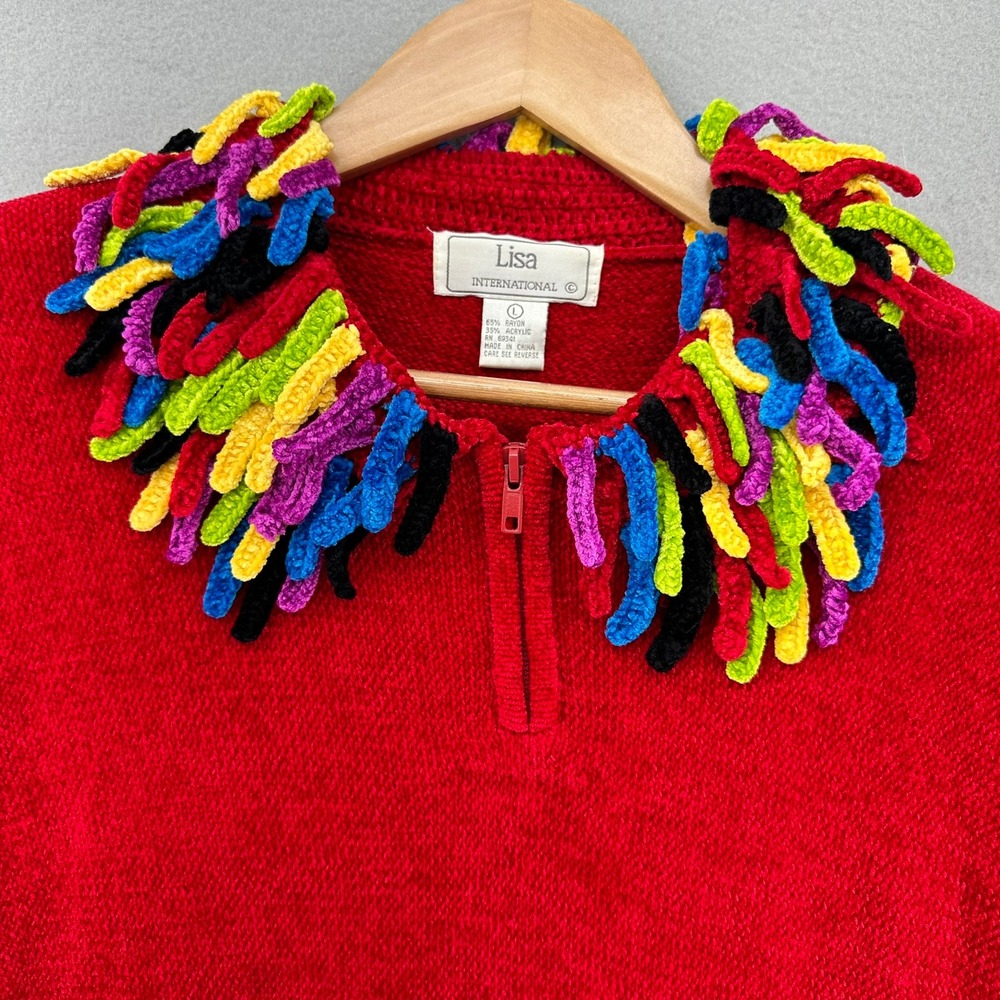 VTG Lisa Funky Colorful Fringe Collar 1/4 Zip Up Knit Sweater Red L Artcore 90s